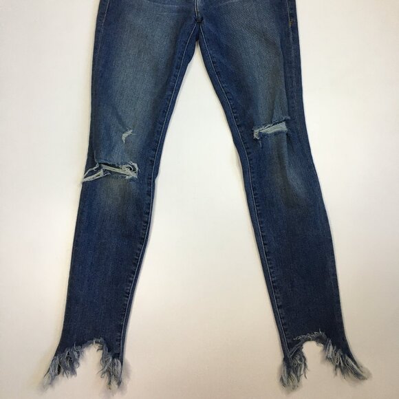 FRAME Le Skinny De Jeanne Knickerson Wash Raw Hem Logo Hardware Distressed Jeans - Picture 7 of 14